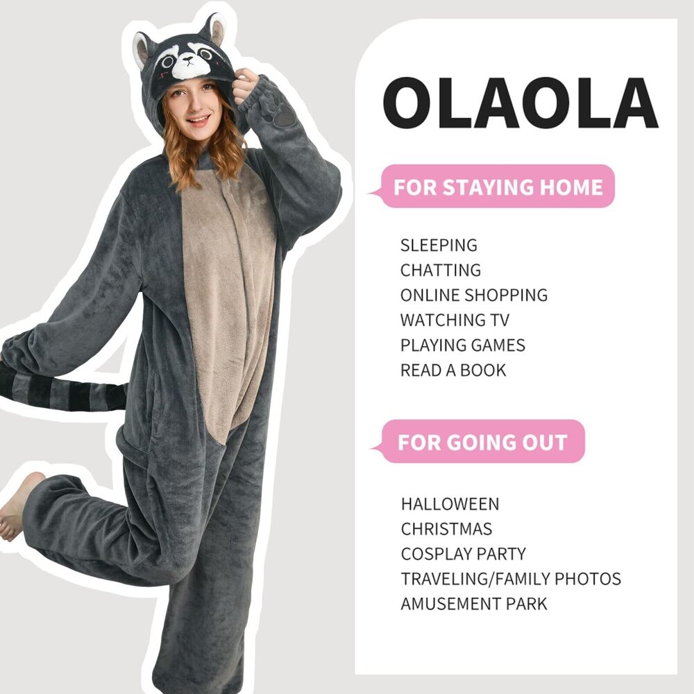 4847 Adult Animal Onesie Unisex Raccoon Onesies Plush Cosplay Pajamas - Picture 5 of 7